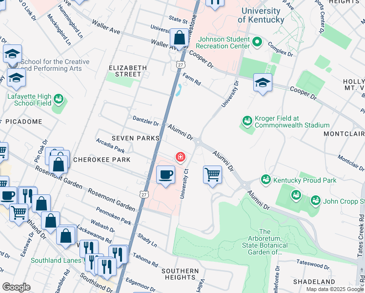 map of restaurants, bars, coffee shops, grocery stores, and more near 121 Shawnee Place in Lexington