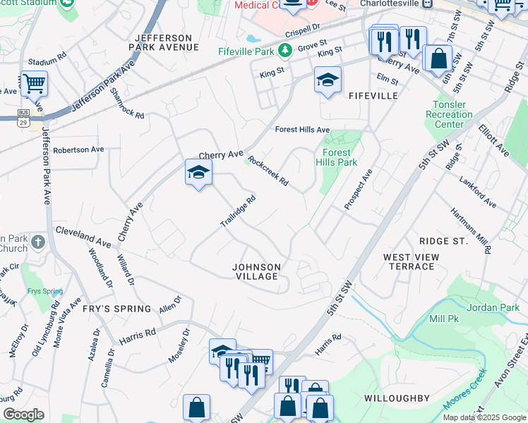 map of restaurants, bars, coffee shops, grocery stores, and more near 107 Elkhorn Road in Charlottesville