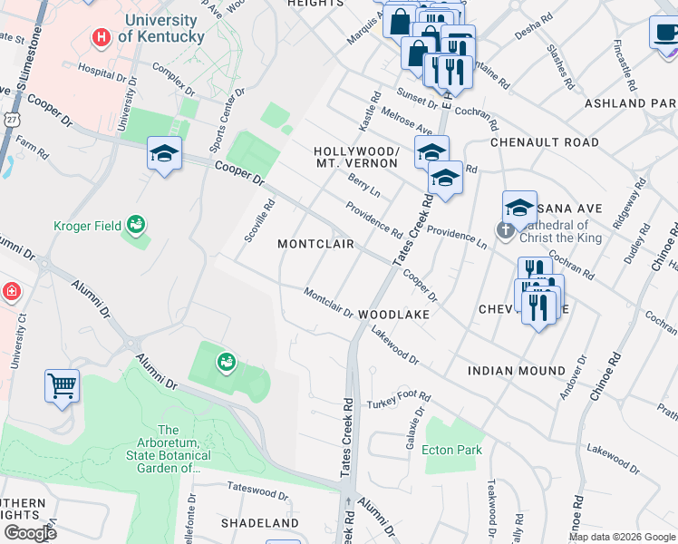 map of restaurants, bars, coffee shops, grocery stores, and more near 1215 Eldemere Road in Lexington
