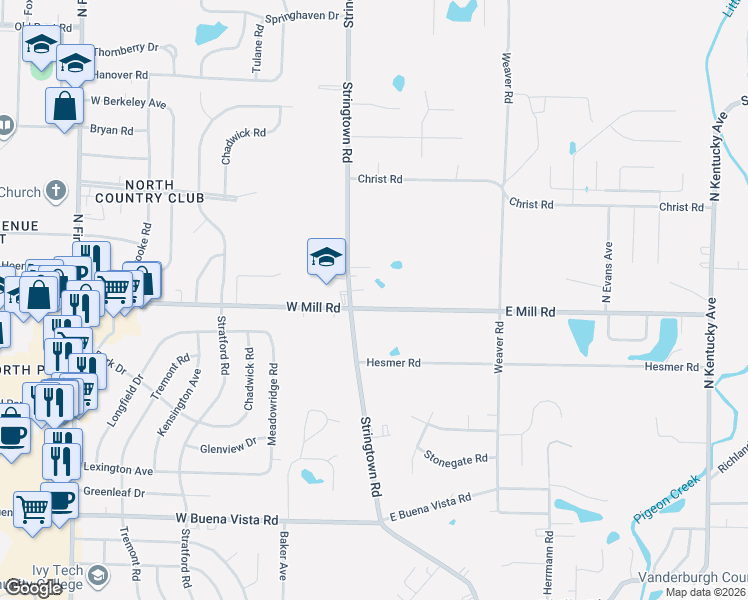 map of restaurants, bars, coffee shops, grocery stores, and more near 130 East Mill Road in Evansville