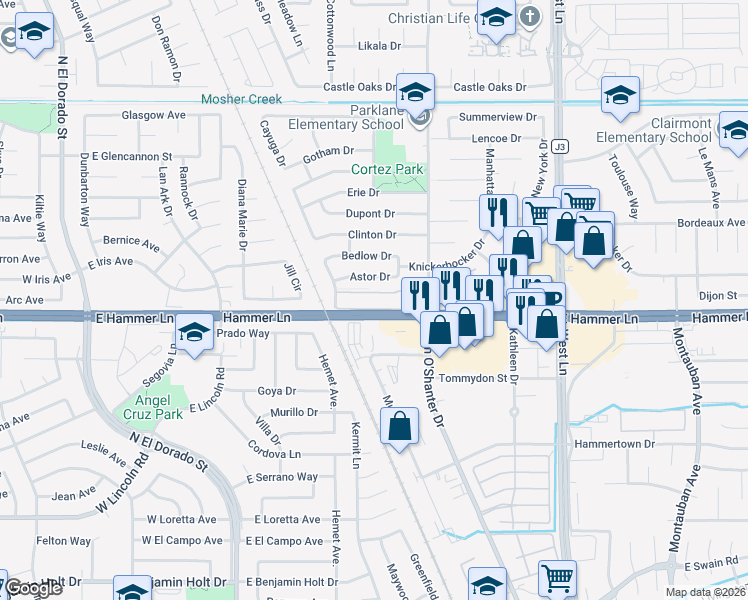 map of restaurants, bars, coffee shops, grocery stores, and more near 710 Astor Drive in Stockton
