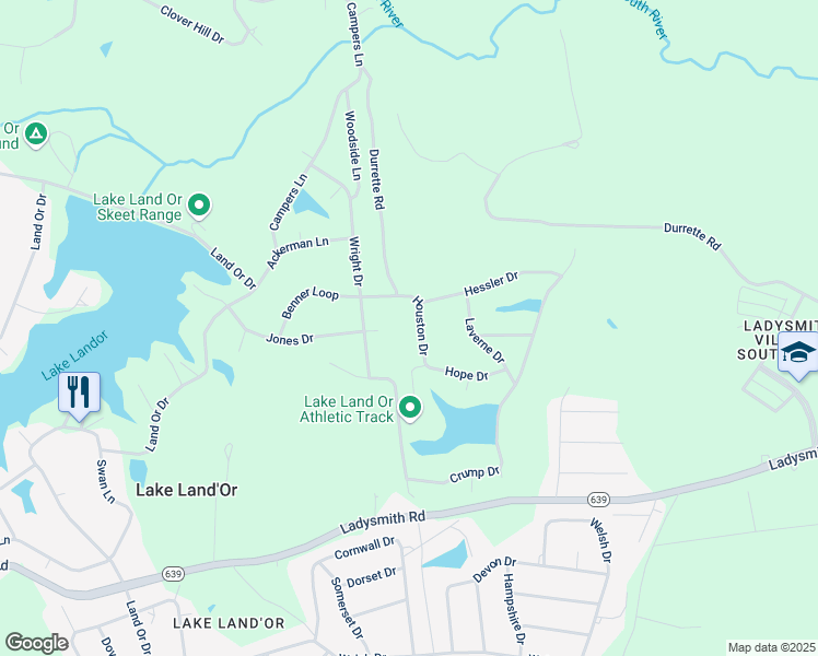 map of restaurants, bars, coffee shops, grocery stores, and more near 811 Houston Drive in Ruther Glen