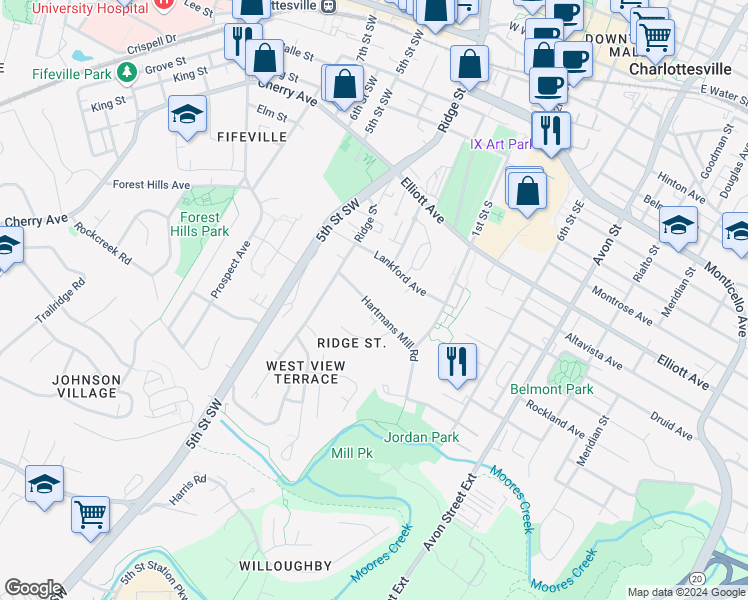 map of restaurants, bars, coffee shops, grocery stores, and more near 227 Hartmans Mill Road in Charlottesville