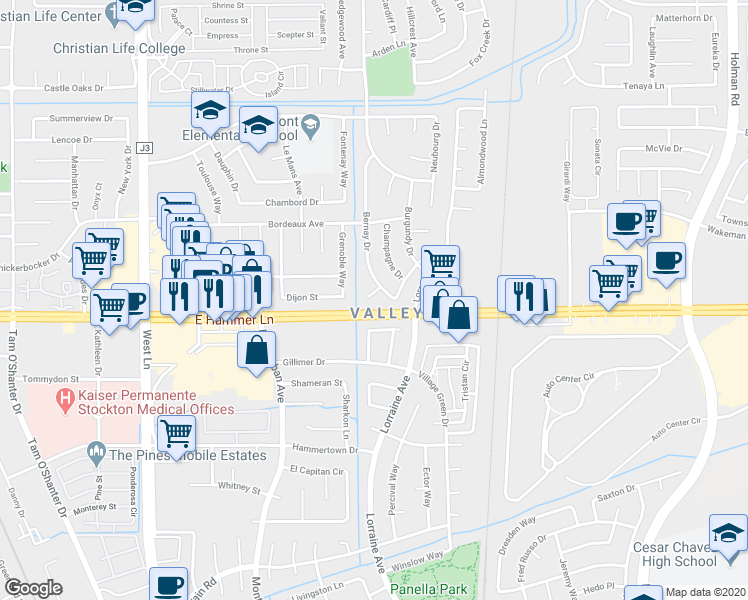 map of restaurants, bars, coffee shops, grocery stores, and more near 2328 Bernay Court in Stockton