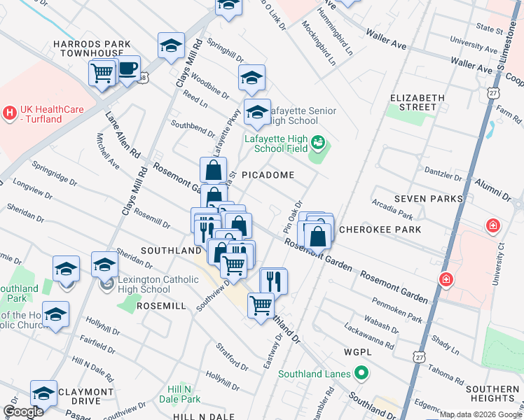 map of restaurants, bars, coffee shops, grocery stores, and more near 297 Picadome Park in Lexington