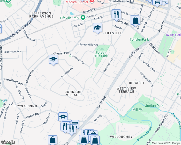 map of restaurants, bars, coffee shops, grocery stores, and more near 824 Rockcreek Road in Charlottesville