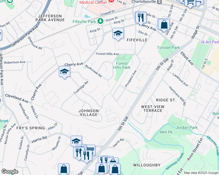 map of restaurants, bars, coffee shops, grocery stores, and more near 830 Rockcreek Road in Charlottesville