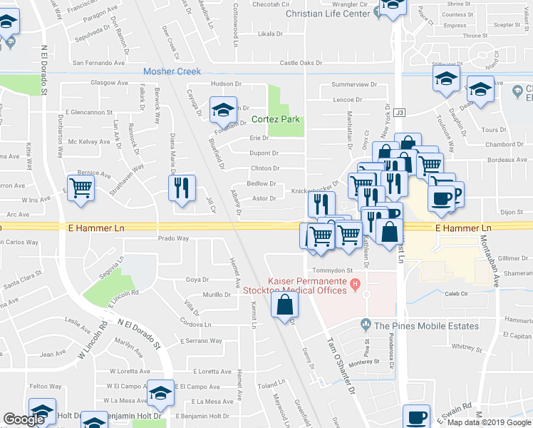 map of restaurants, bars, coffee shops, grocery stores, and more near 710 Astor Drive in Stockton