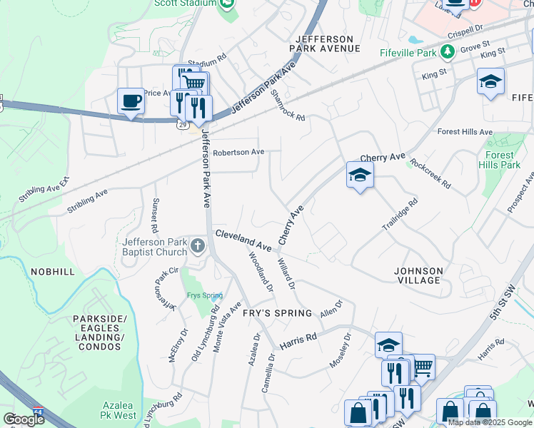 map of restaurants, bars, coffee shops, grocery stores, and more near 2326 Crestmont Avenue in Charlottesville