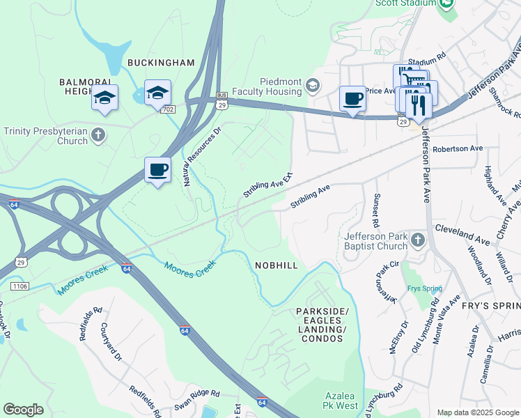 map of restaurants, bars, coffee shops, grocery stores, and more near 317 Stribling Avenue Extension in Charlottesville