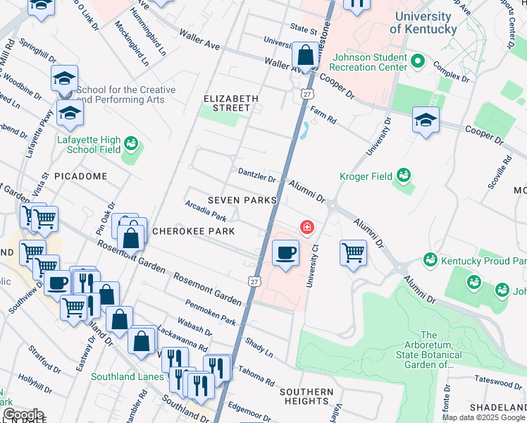 map of restaurants, bars, coffee shops, grocery stores, and more near 1610 Nicholasville Road in Lexington