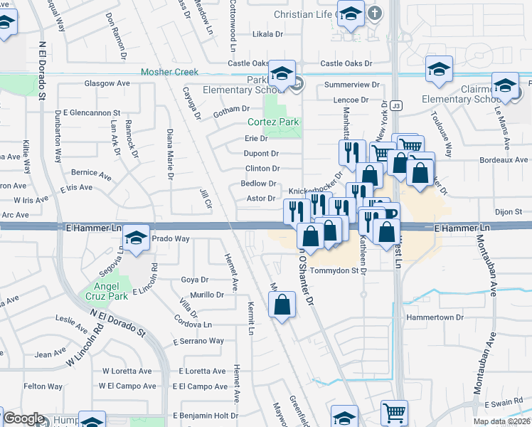 map of restaurants, bars, coffee shops, grocery stores, and more near 819 East Hammer Lane in Stockton