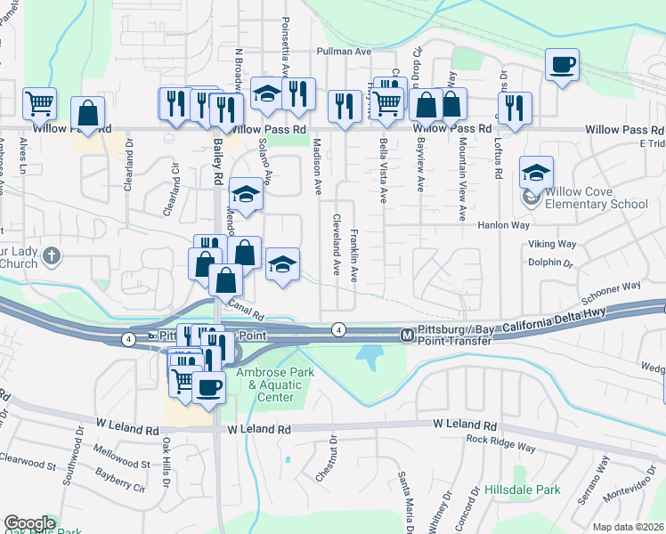 map of restaurants, bars, coffee shops, grocery stores, and more near 284 Cleveland Avenue in Bay Point