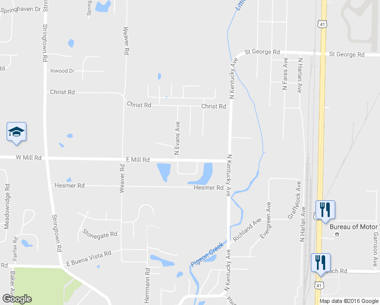 map of restaurants, bars, coffee shops, grocery stores, and more near 818 East Mill Road in Evansville