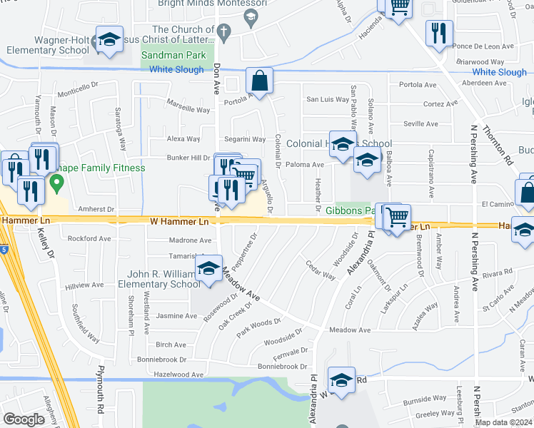 map of restaurants, bars, coffee shops, grocery stores, and more near 7903 Arguello Drive in Stockton