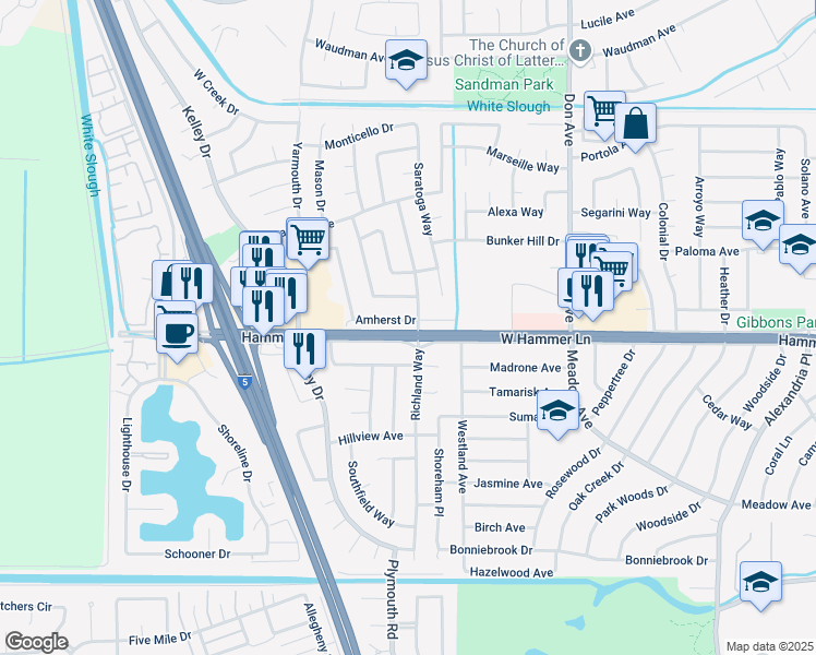 map of restaurants, bars, coffee shops, grocery stores, and more near 7912 Richland Way in Stockton