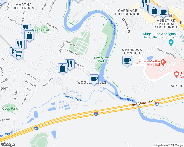 map of restaurants, bars, coffee shops, grocery stores, and more near 1901 County Road 1105 in Charlottesville