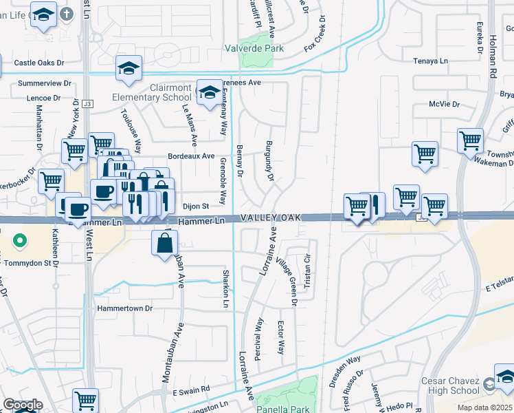 map of restaurants, bars, coffee shops, grocery stores, and more near 7959 Bernay Drive in Stockton