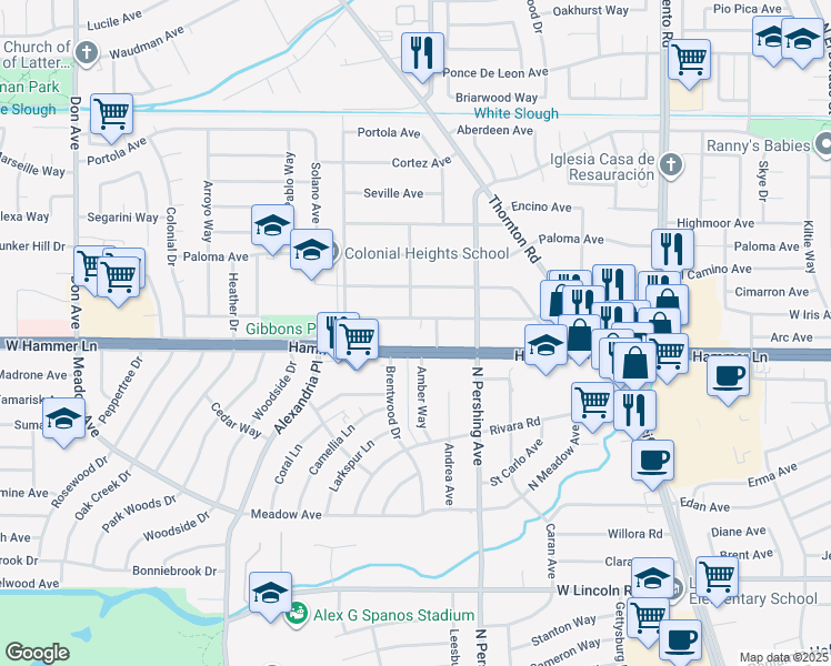 map of restaurants, bars, coffee shops, grocery stores, and more near 7919 Misty Lane in Stockton