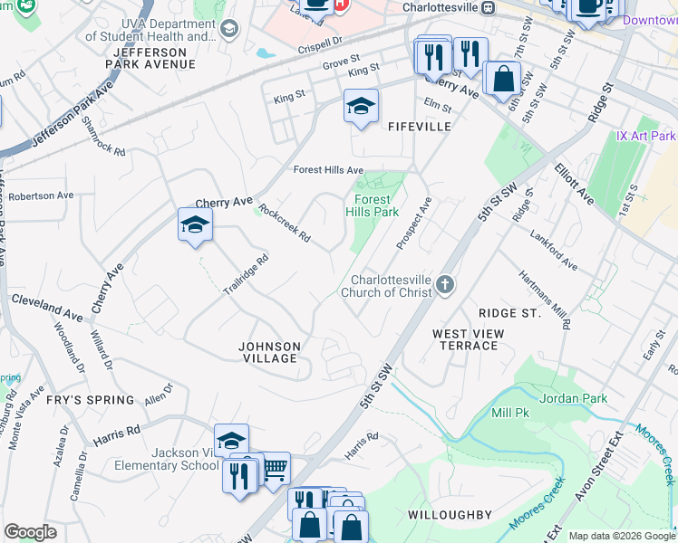 map of restaurants, bars, coffee shops, grocery stores, and more near 716 Rockcreek Road in Charlottesville