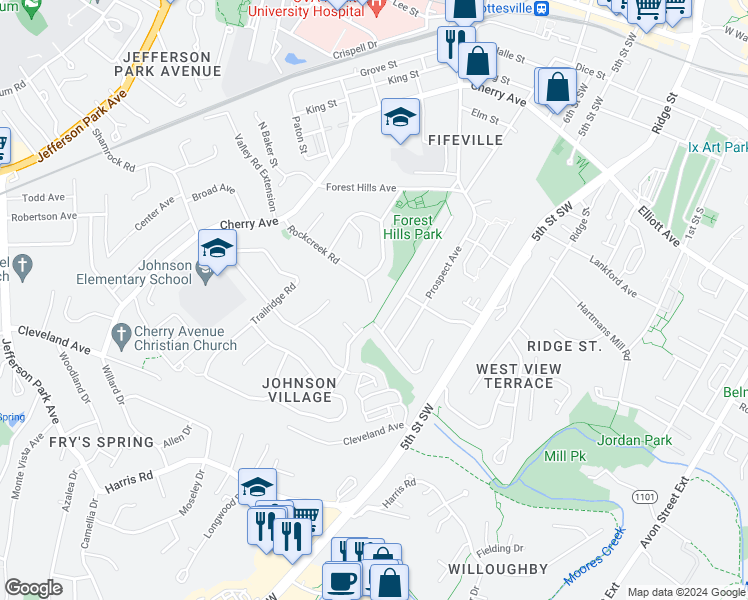 map of restaurants, bars, coffee shops, grocery stores, and more near 716 Rockcreek Road in Charlottesville