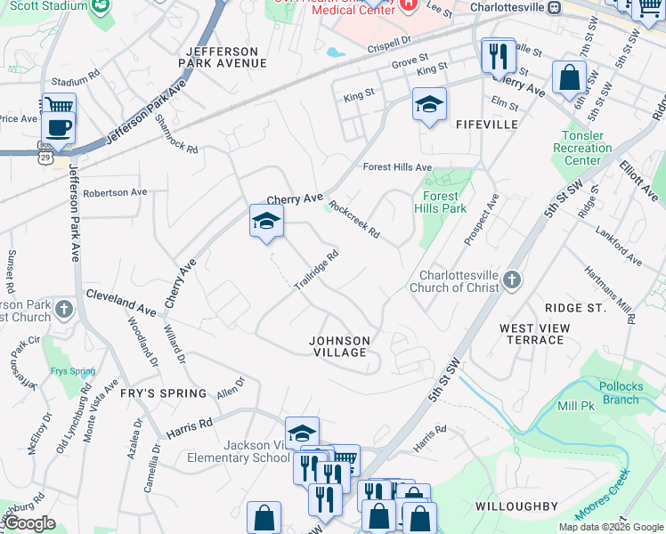 map of restaurants, bars, coffee shops, grocery stores, and more near 1528-1530 Trailridge Road in Charlottesville