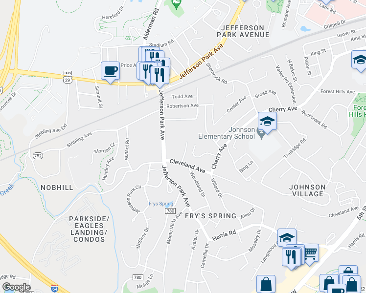 map of restaurants, bars, coffee shops, grocery stores, and more near 119 Hammond Street in Charlottesville