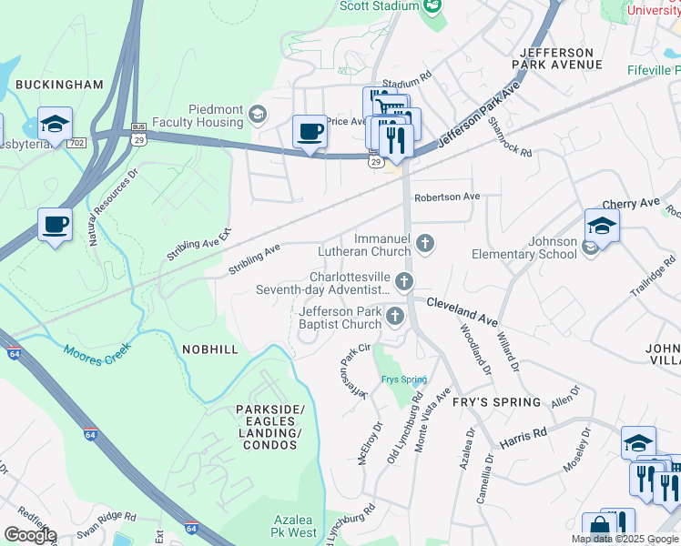 map of restaurants, bars, coffee shops, grocery stores, and more near 2437 Sunset Road in Charlottesville