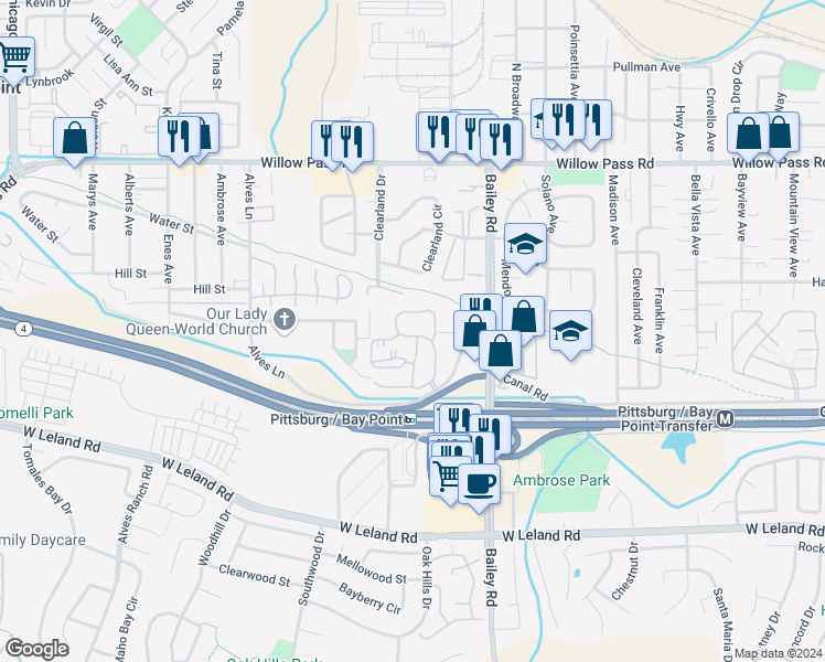 map of restaurants, bars, coffee shops, grocery stores, and more near 780 Chadwick Lane in Bay Point