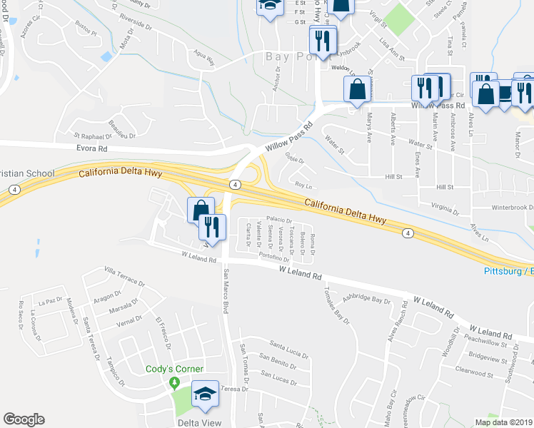 map of restaurants, bars, coffee shops, grocery stores, and more near 1808 Palacio Drive in Pittsburg
