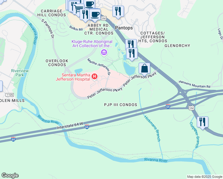 map of restaurants, bars, coffee shops, grocery stores, and more near Peter Jefferson Parkway in Charlottesville