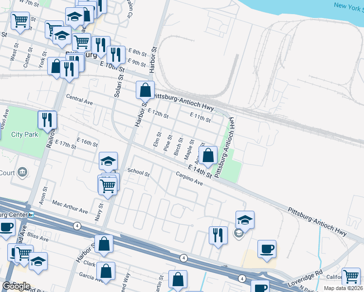 map of restaurants, bars, coffee shops, grocery stores, and more near 1343 Birch Street in Pittsburg
