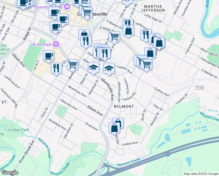 map of restaurants, bars, coffee shops, grocery stores, and more near 1001 Tufton Avenue in Charlottesville