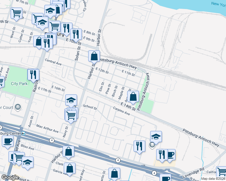 map of restaurants, bars, coffee shops, grocery stores, and more near 1350 Birch Street in Pittsburg