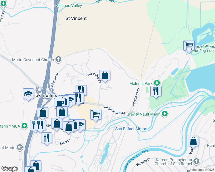 map of restaurants, bars, coffee shops, grocery stores, and more near 2500 Deer Valley Road in San Rafael