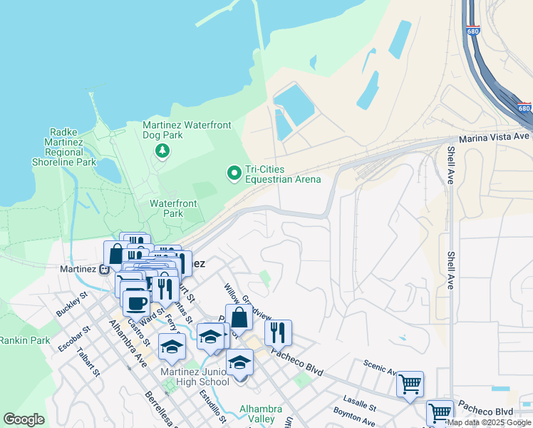 map of restaurants, bars, coffee shops, grocery stores, and more near 609 Miller Avenue in Martinez