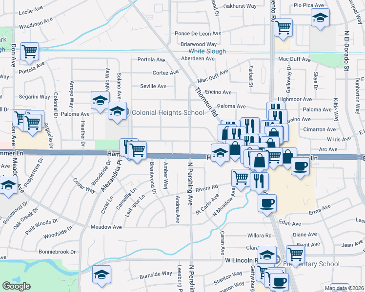 map of restaurants, bars, coffee shops, grocery stores, and more near 1416 El Camino Avenue in Stockton