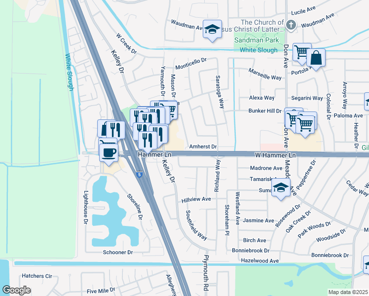map of restaurants, bars, coffee shops, grocery stores, and more near 7909 Montgomery Avenue in Stockton