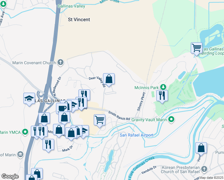 map of restaurants, bars, coffee shops, grocery stores, and more near 2500 Deer Valley Road in San Rafael