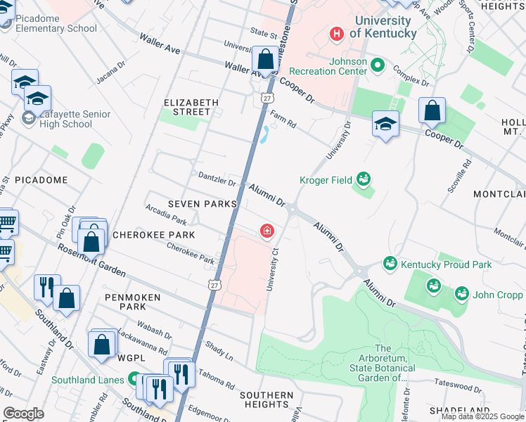 map of restaurants, bars, coffee shops, grocery stores, and more near 121 Shawnee Place in Lexington