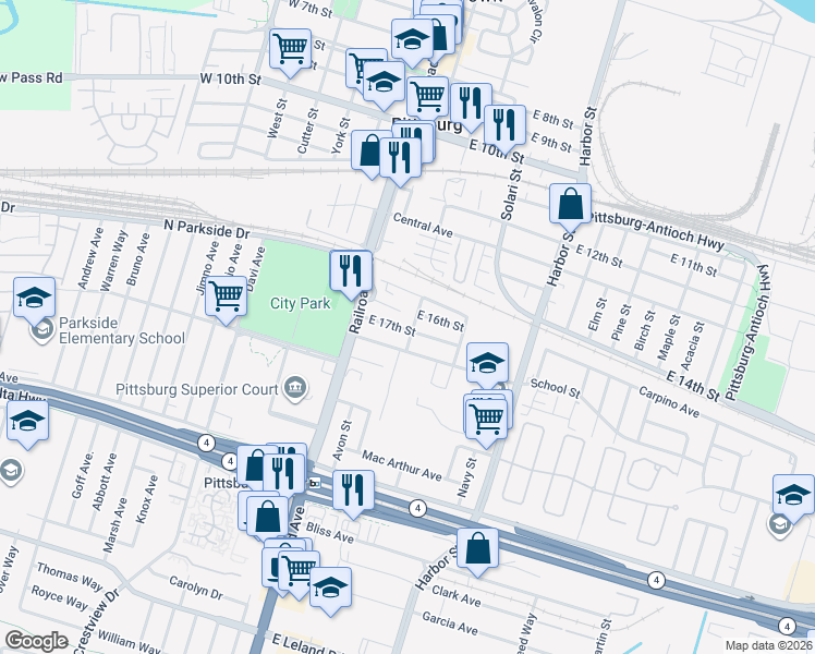 map of restaurants, bars, coffee shops, grocery stores, and more near 185 East 17th Street in Pittsburg