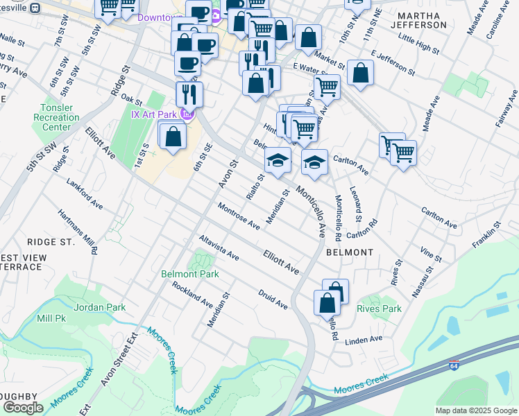 map of restaurants, bars, coffee shops, grocery stores, and more near 817 Blenheim Avenue in Charlottesville