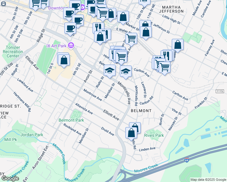 map of restaurants, bars, coffee shops, grocery stores, and more near 910 Bolling Avenue in Charlottesville