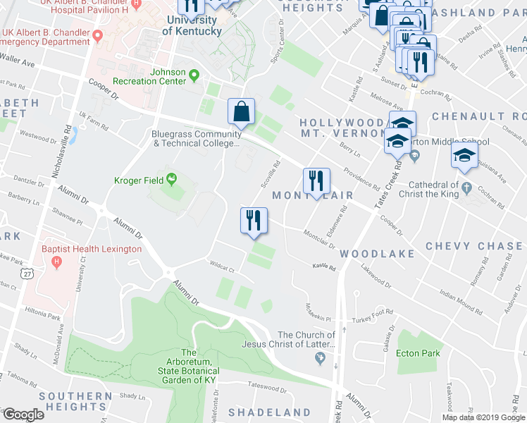 map of restaurants, bars, coffee shops, grocery stores, and more near 637 Montclair Drive in Lexington