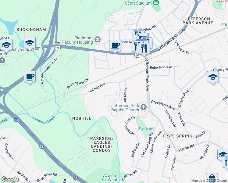map of restaurants, bars, coffee shops, grocery stores, and more near 111 Morgan Court in Charlottesville