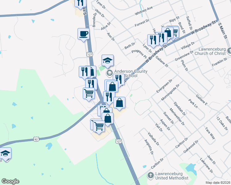 map of restaurants, bars, coffee shops, grocery stores, and more near 753 West Broadway Street in Lawrenceburg