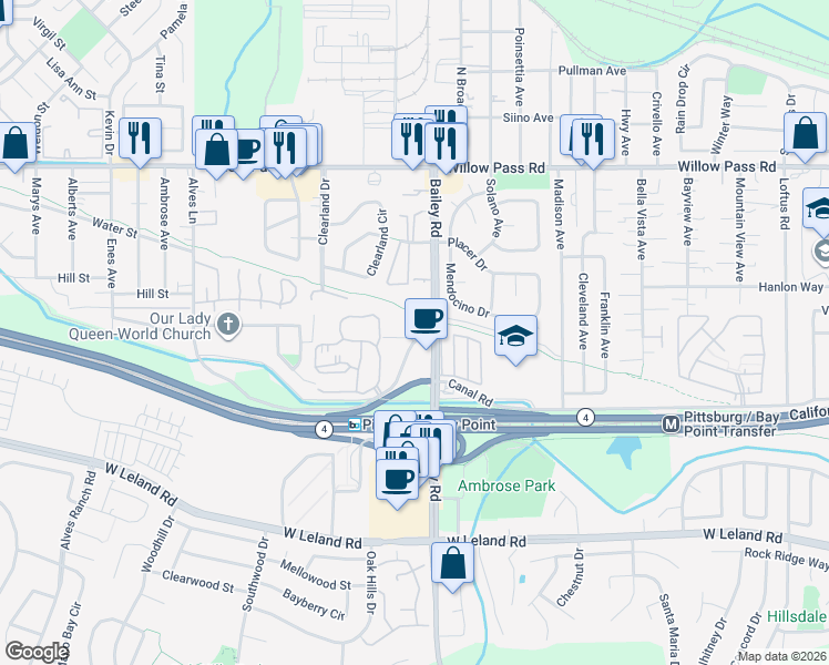 map of restaurants, bars, coffee shops, grocery stores, and more near 38 Mims Avenue in Bay Point