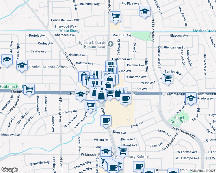 map of restaurants, bars, coffee shops, grocery stores, and more near 7920 N Lower Sacramento Rd in Stockton