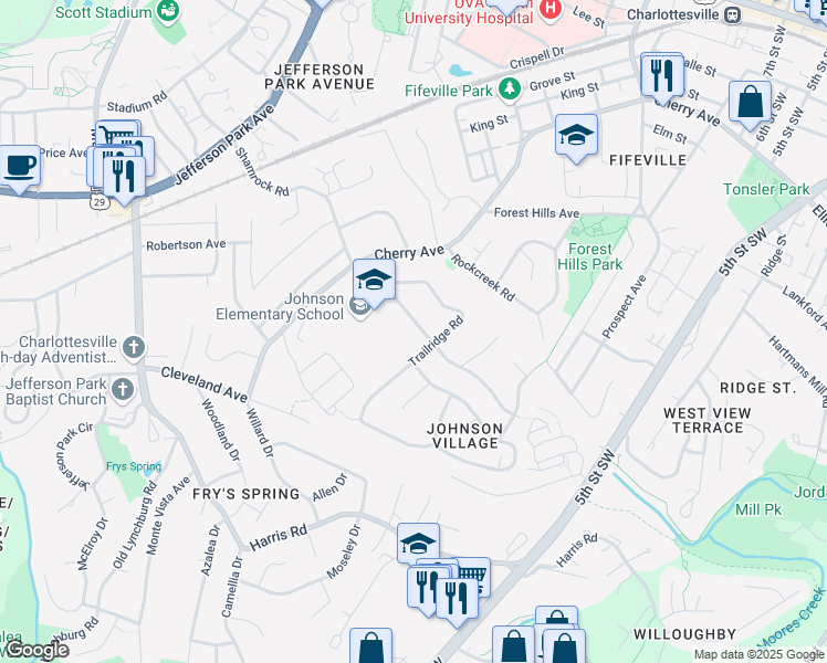 map of restaurants, bars, coffee shops, grocery stores, and more near 614 Shamrock Road in Charlottesville