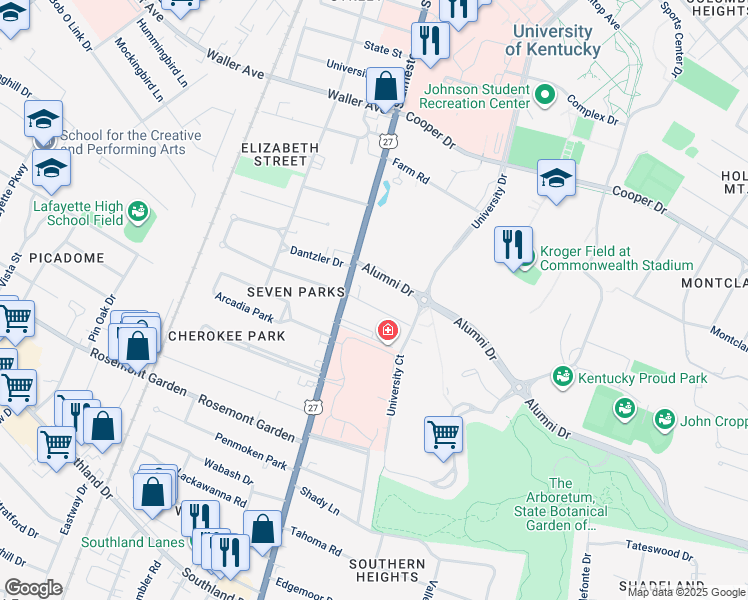 map of restaurants, bars, coffee shops, grocery stores, and more near 121 Shawnee Place in Lexington